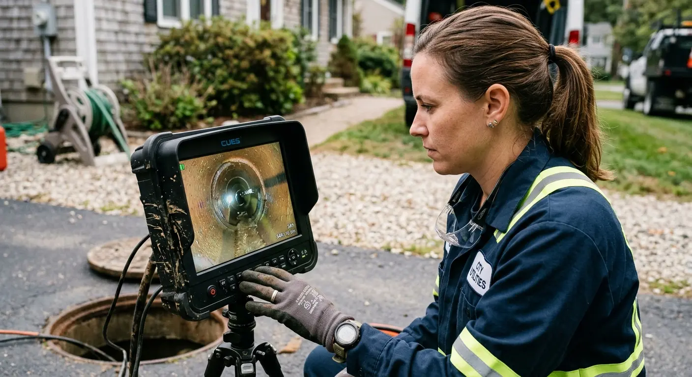 Technician reviewing sewer camera inspection footage in Fraser
