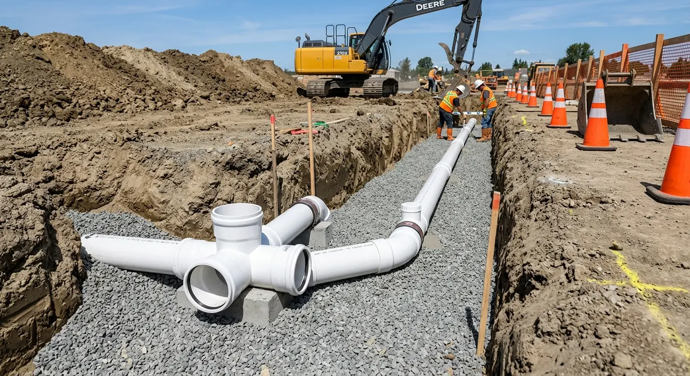 New PVC sewer pipe installation in open trench for Sewer Backup in Fraser