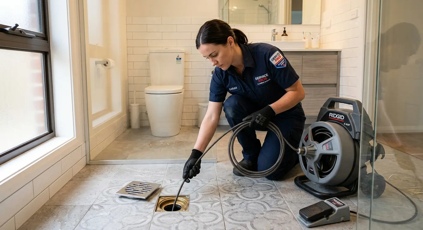 Technician clearing a bathroom floor drain for Drain Repair in Fraser